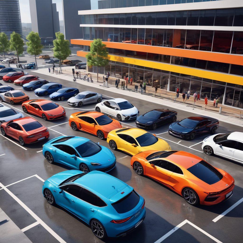 A modern car showroom showcasing a diverse lineup of cars, with a couple engaging in conversation with a friendly sales representative. The scene captures a vibrant city backdrop, hinting at exciting road trips ahead. Emphasize bright, inviting colors to evoke feelings of satisfaction and joy in car shopping. Make it feel lively and inspiring. super-realistic. vibrant colors.