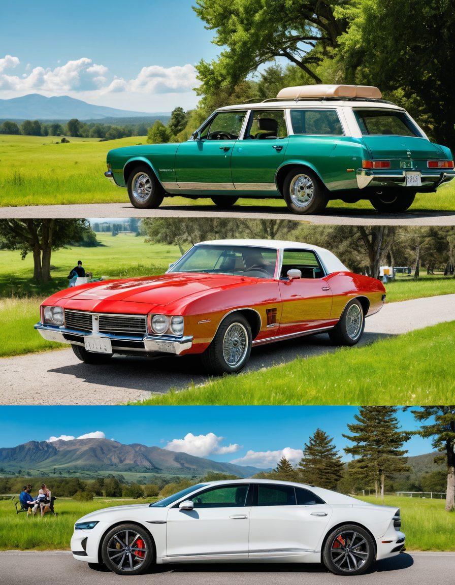 A split-screen image featuring two sleek cars side by side, illuminated under a bright sky. The left side shows a happy family enjoying a picnic next to their car, while the right side displays a solo traveler with a map and a coffee in hand next to another car. Lush green scenery in the background with comparison charts floating above. Clear, inviting, and vibrant colors, with a clean white background for emphasis.