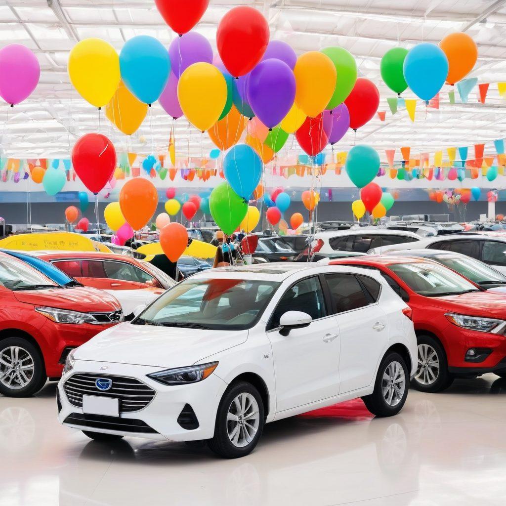 A vibrant scene depicting a cheerful family joyfully exploring a colorful car dealership, filled with various vehicles of different styles, from sedans to SUVs. Bright balloons and banners celebrating the 'happiest vehicle shopping' experience surround them, while a friendly salesperson engages with the family, showcasing the latest eco-friendly cars. The scene conveys excitement and happiness in vehicle shopping. super-realistic. vibrant colors. white background.